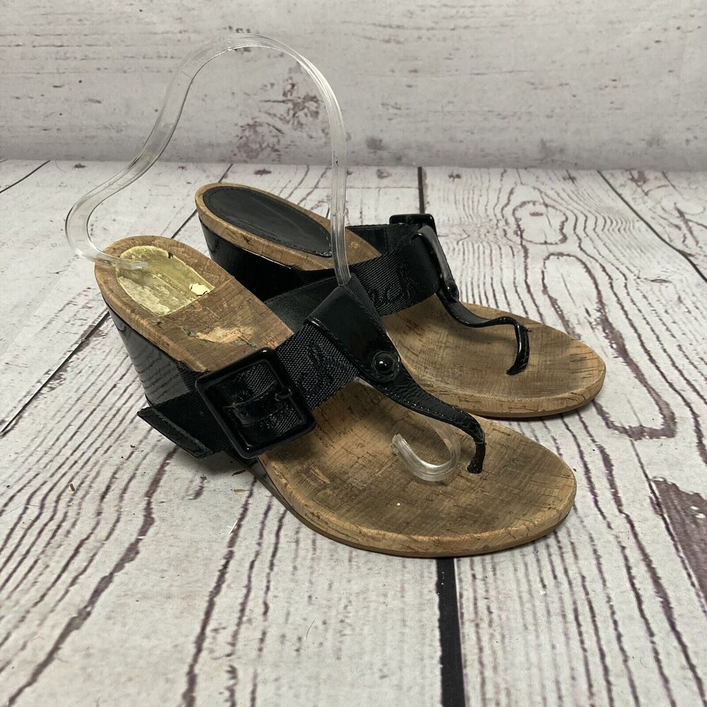 Coach Sandals Womens 8 Bernadette Wedge Patent Leather Black Thong